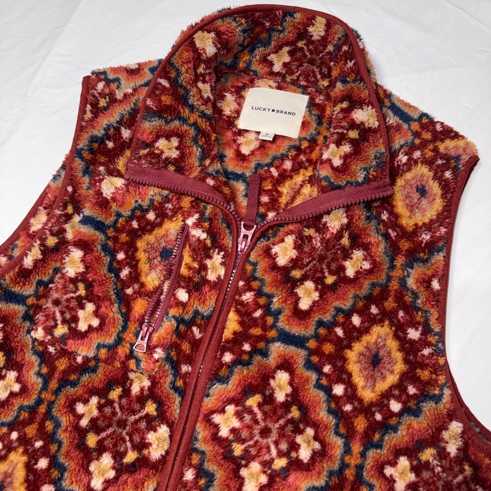 Lucky Brand Sherpa Fleece Vest Boho Floral Print Burgundy Women's Size Medium